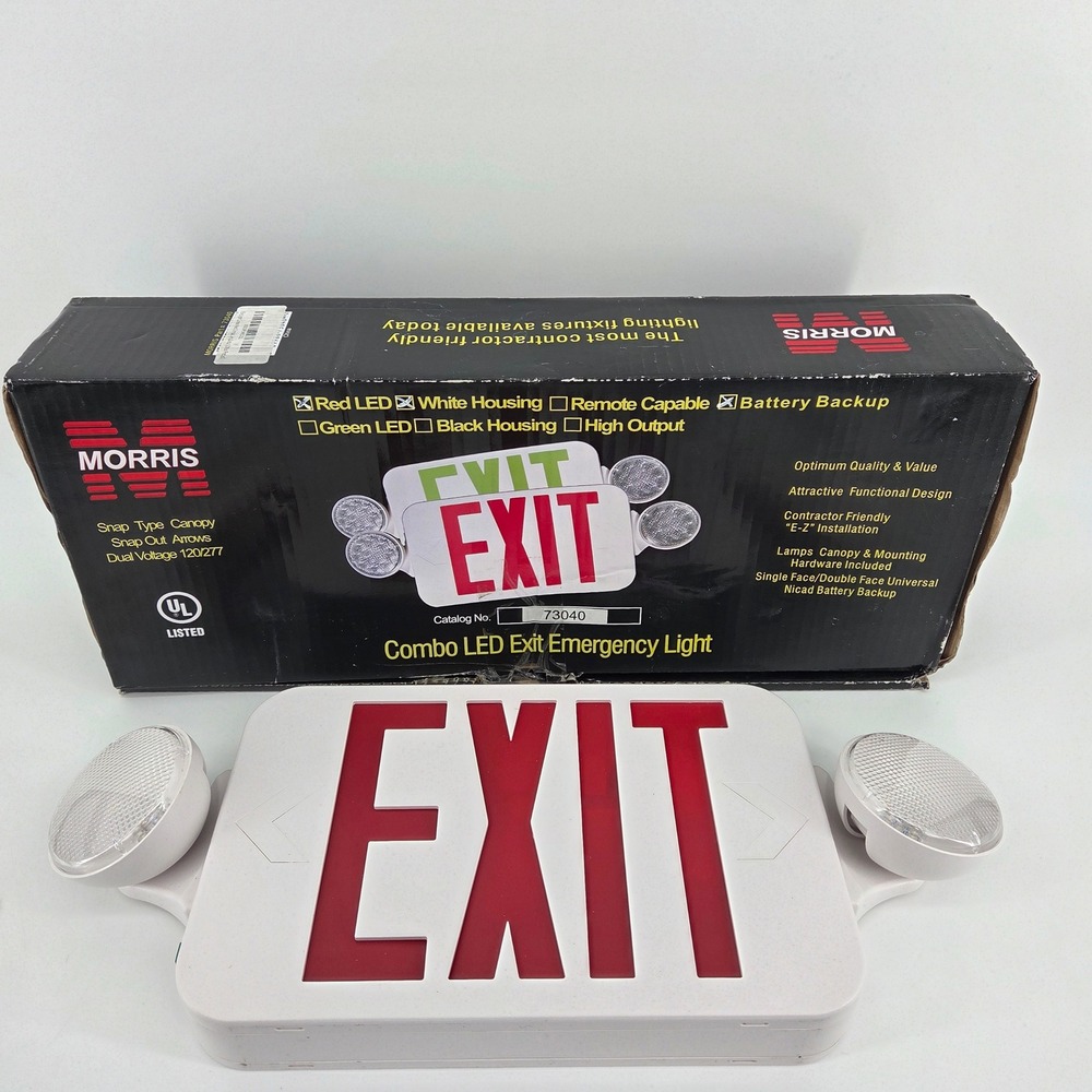 Morris 73040 Combo LED Exit Emergency Light Red LED White Housing Battery NOB